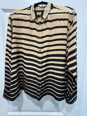 J. McLaughlin Beige and Black Striped Button-Down Blouse